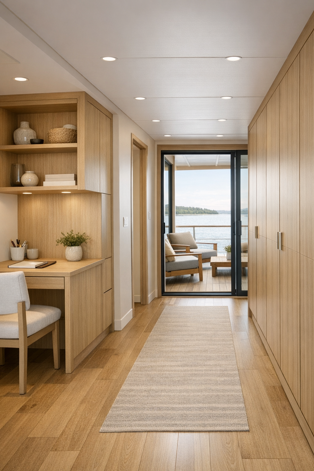 Multi-use passage and nook with built-in desk, storage, and access to deck seating