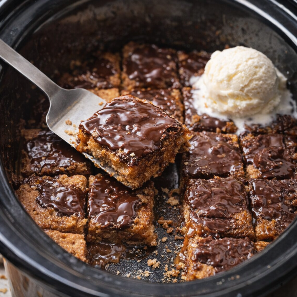 Slow cooker graham cracker dessert served warm in squares