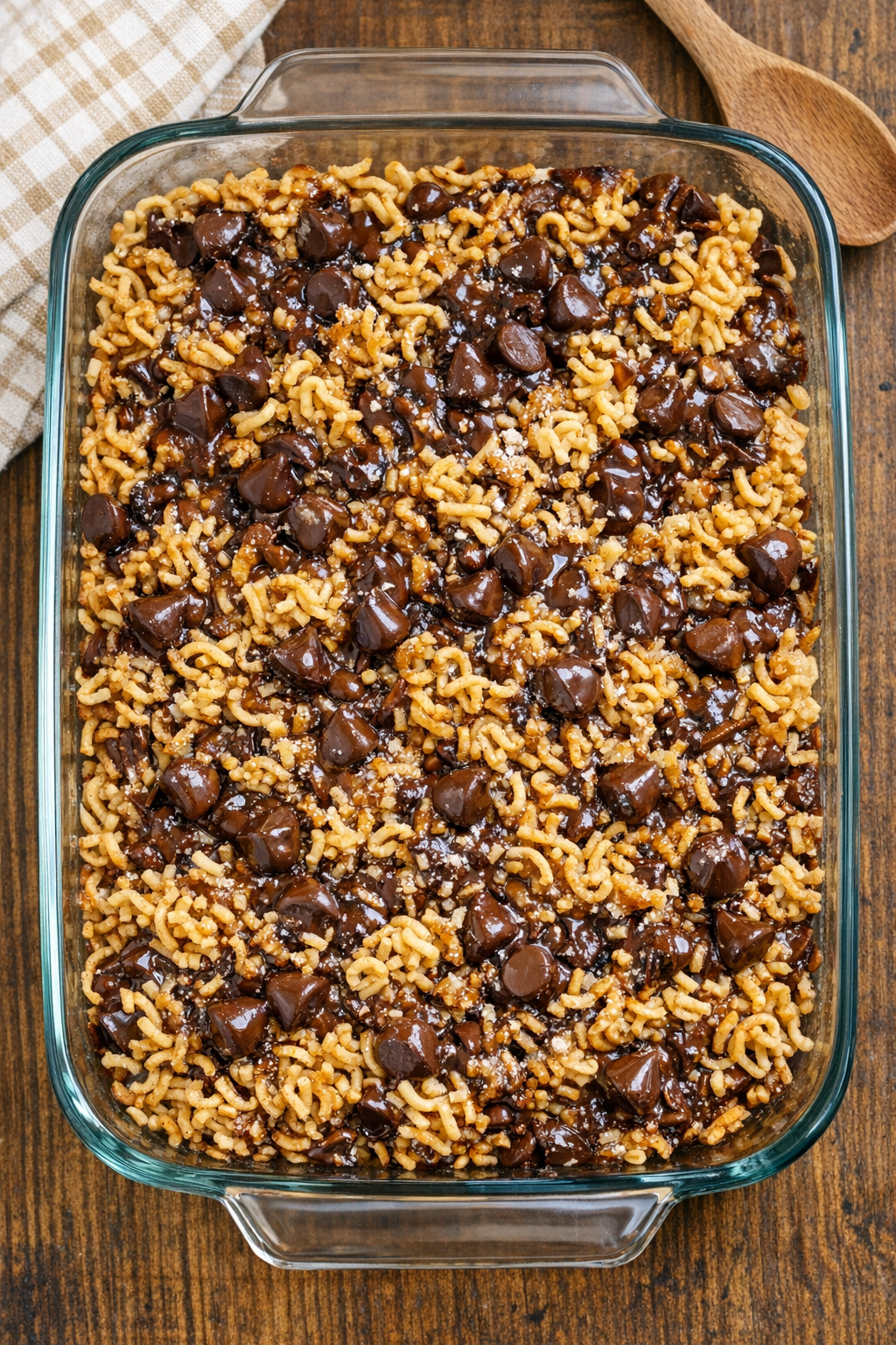 Finished baked chocolate chip ramen dessert in a casserole dish