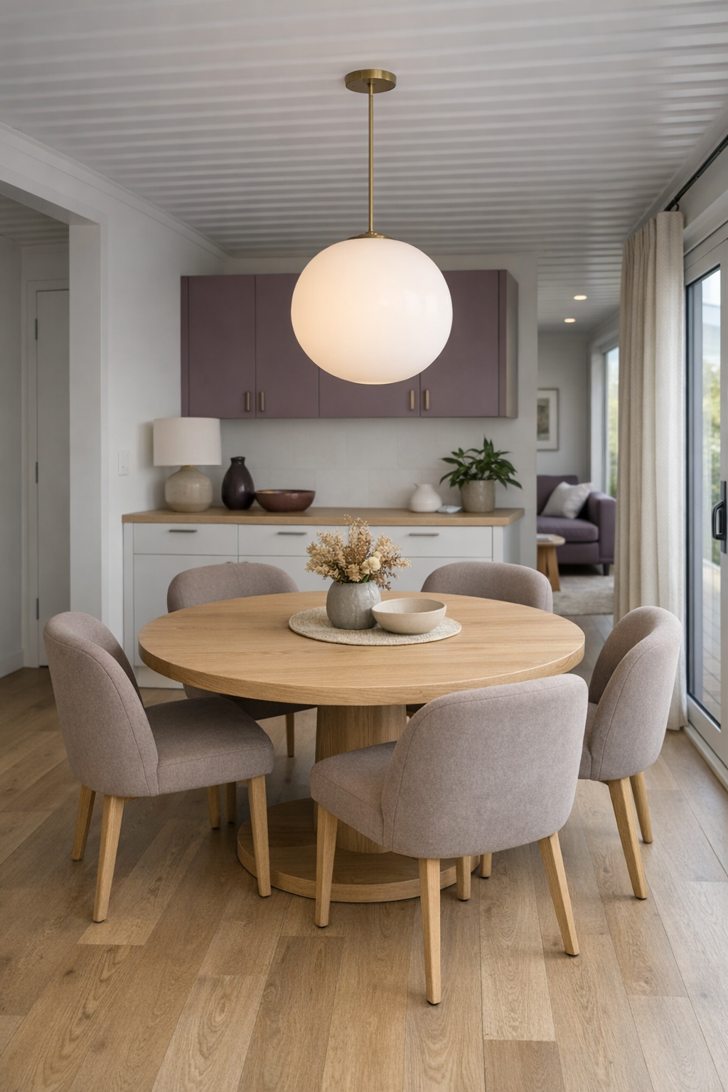 Bright dining room with round oak table and soft mushroom chairs