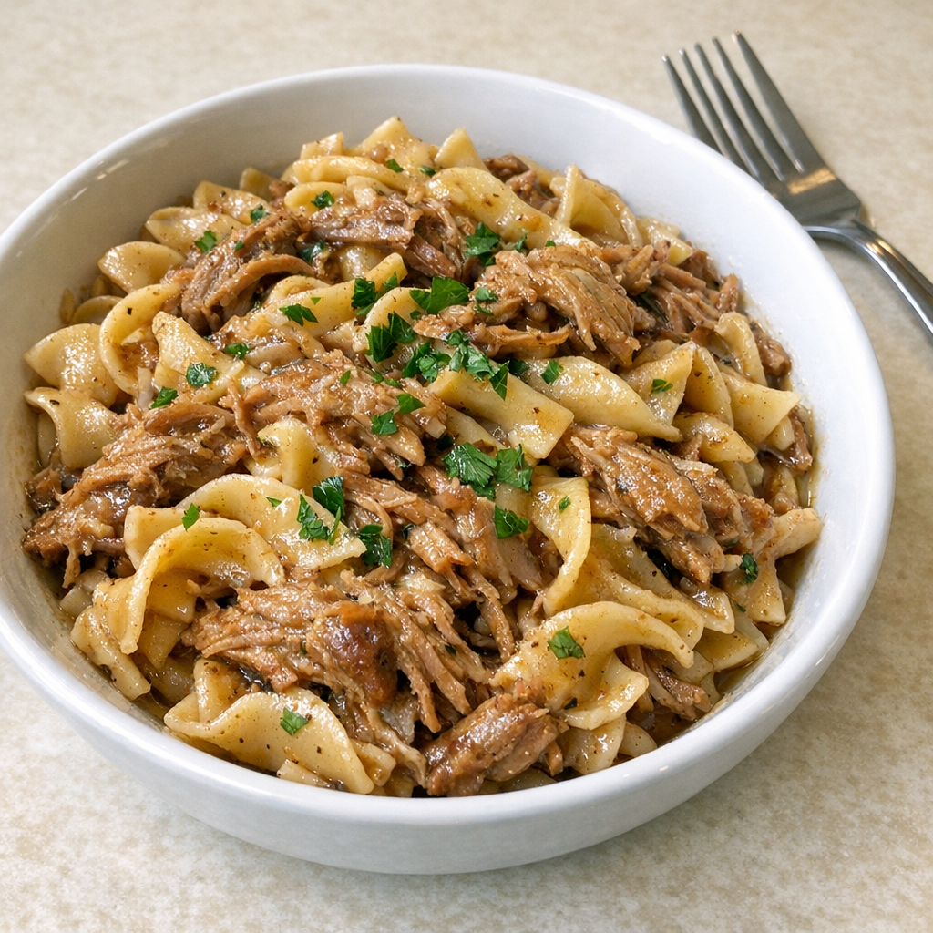 Finished Amish Worcestershire pork pasta plated in a homestyle bowl