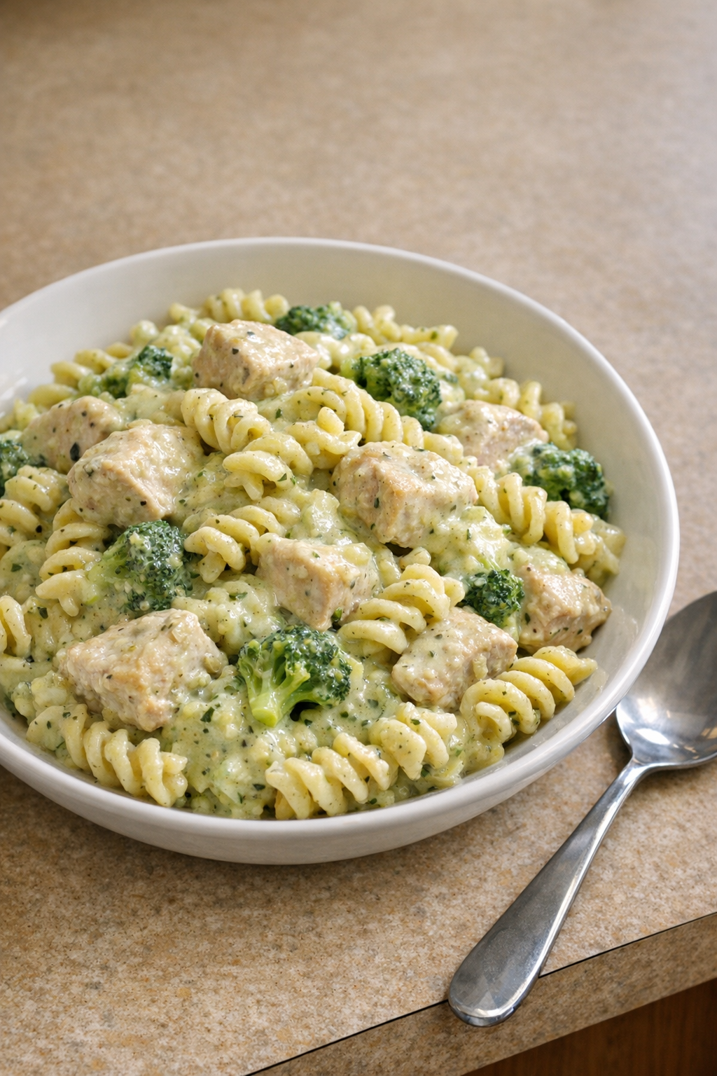 Finished creamy turkey broccoli pasta plated in a shallow bowl
