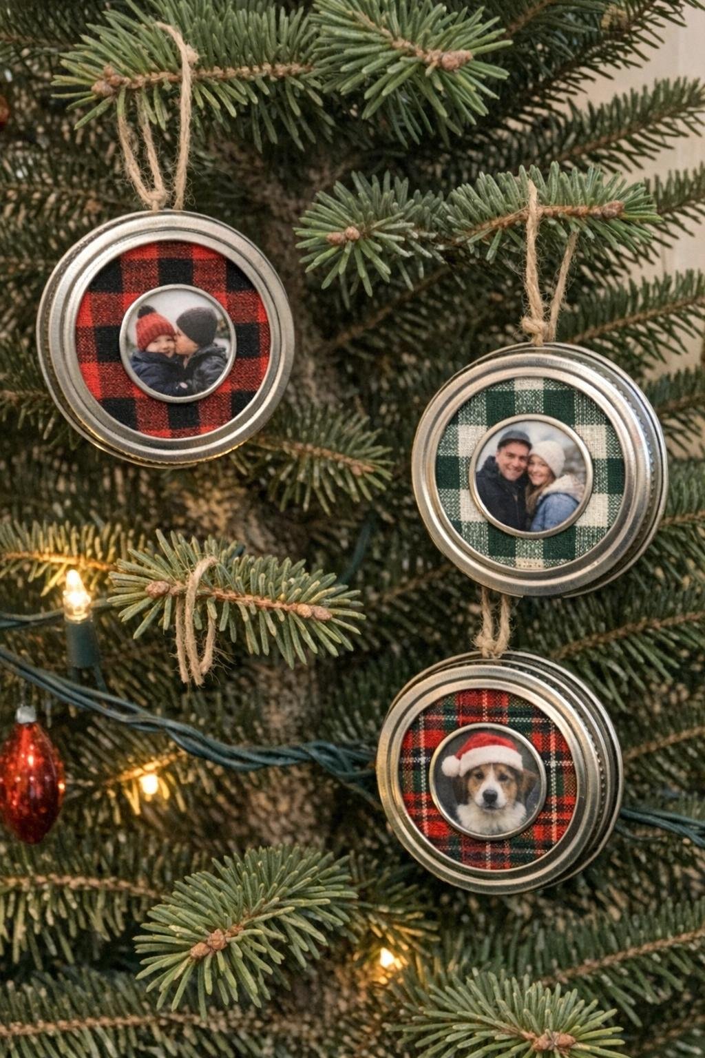 Christmas ornaments made from mason jar lids and rings