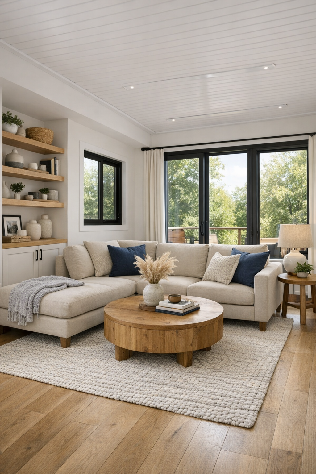 Warm modern living room with beige sectional, oak floors, and black-framed windows