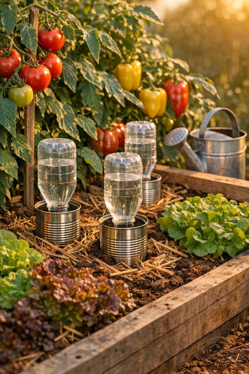 Finished slow-drip soup can waterers installed in a raised vegetable bed