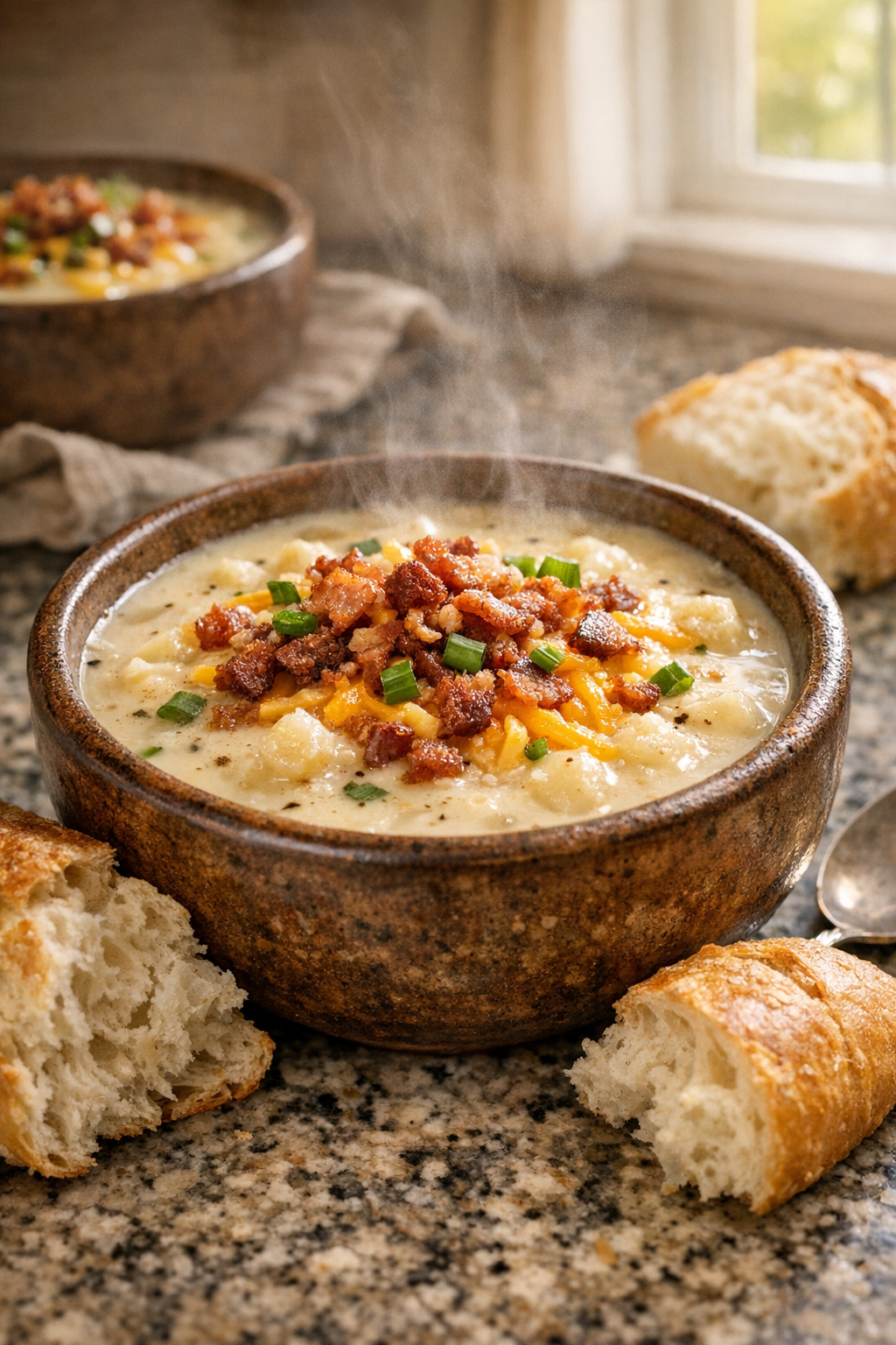 Plated loaded potato soup with toppings