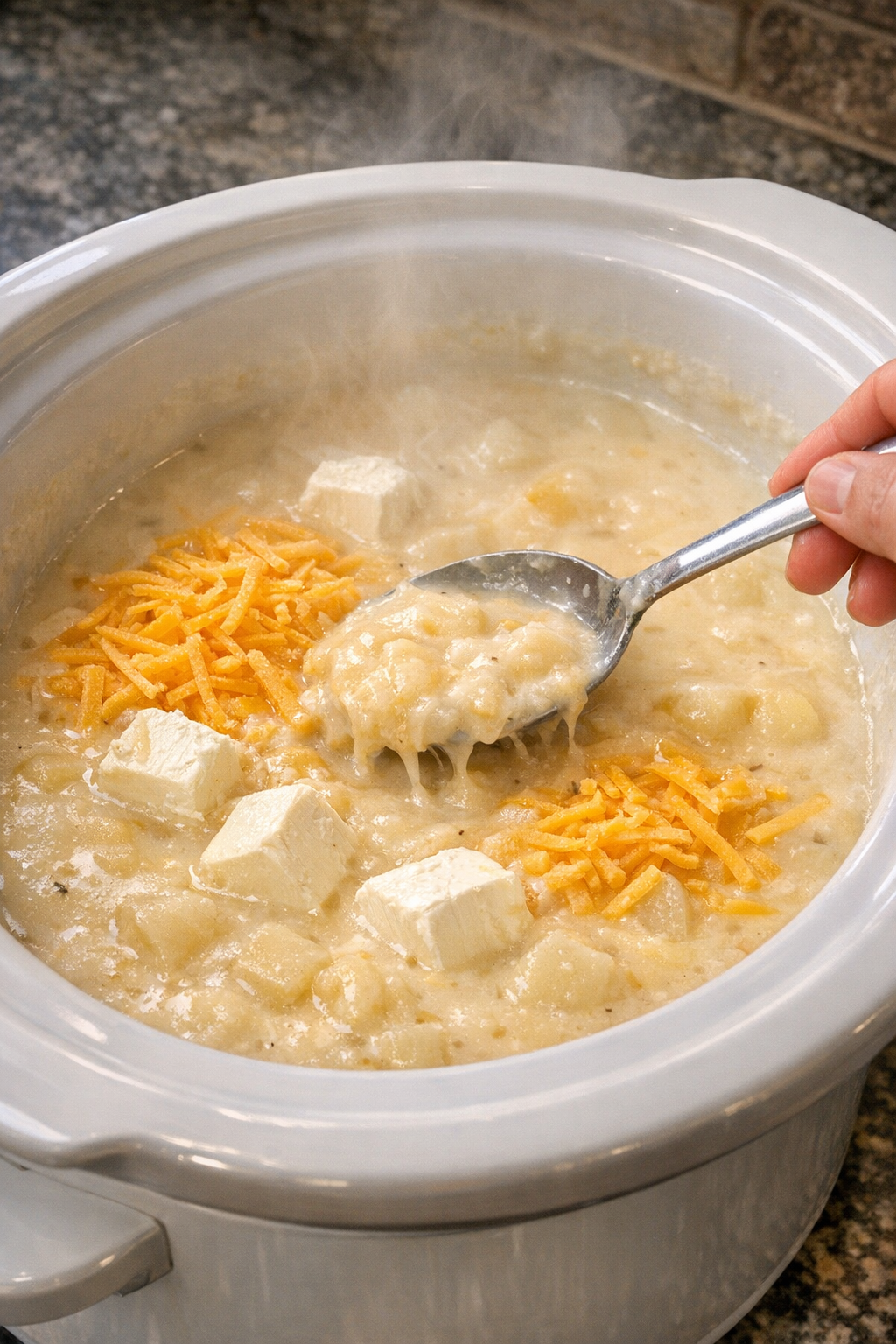 Cheese melting into potato soup