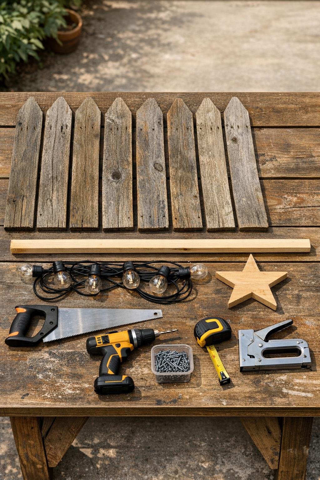 Old fence pickets, a wooden stake, star cutout, string lights, and tools laid out for the project