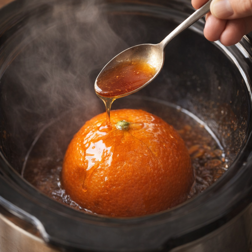 Partially cooked orange dessert being spooned in the slow cooker