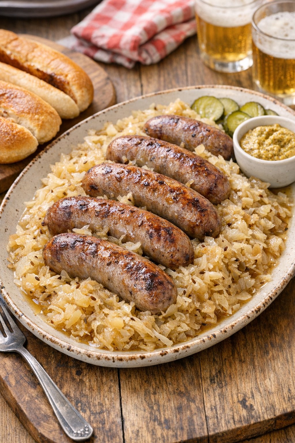 Finished slow cooker brats with sauerkraut on a serving platter