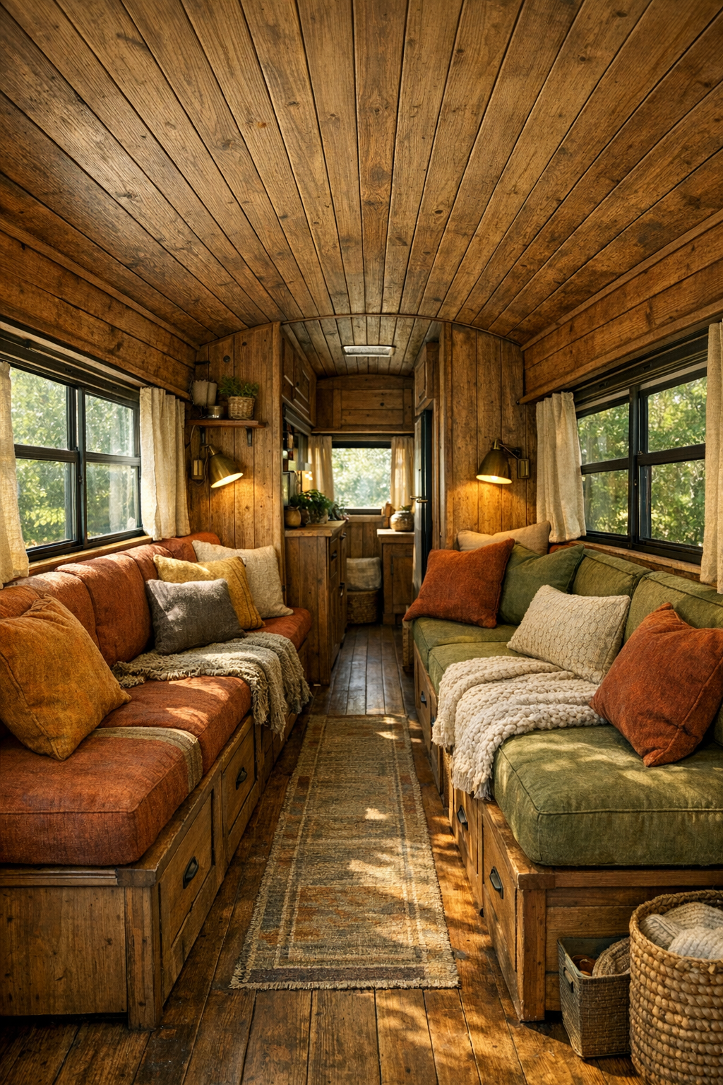 Warm bus living room with built-in bench seating and wood-paneled walls