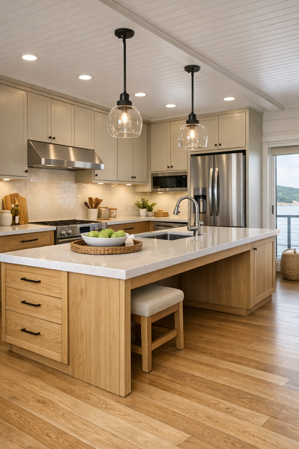 Barrier-free kitchen with quartz island, oak cabinetry, and soft white tile backsplash
