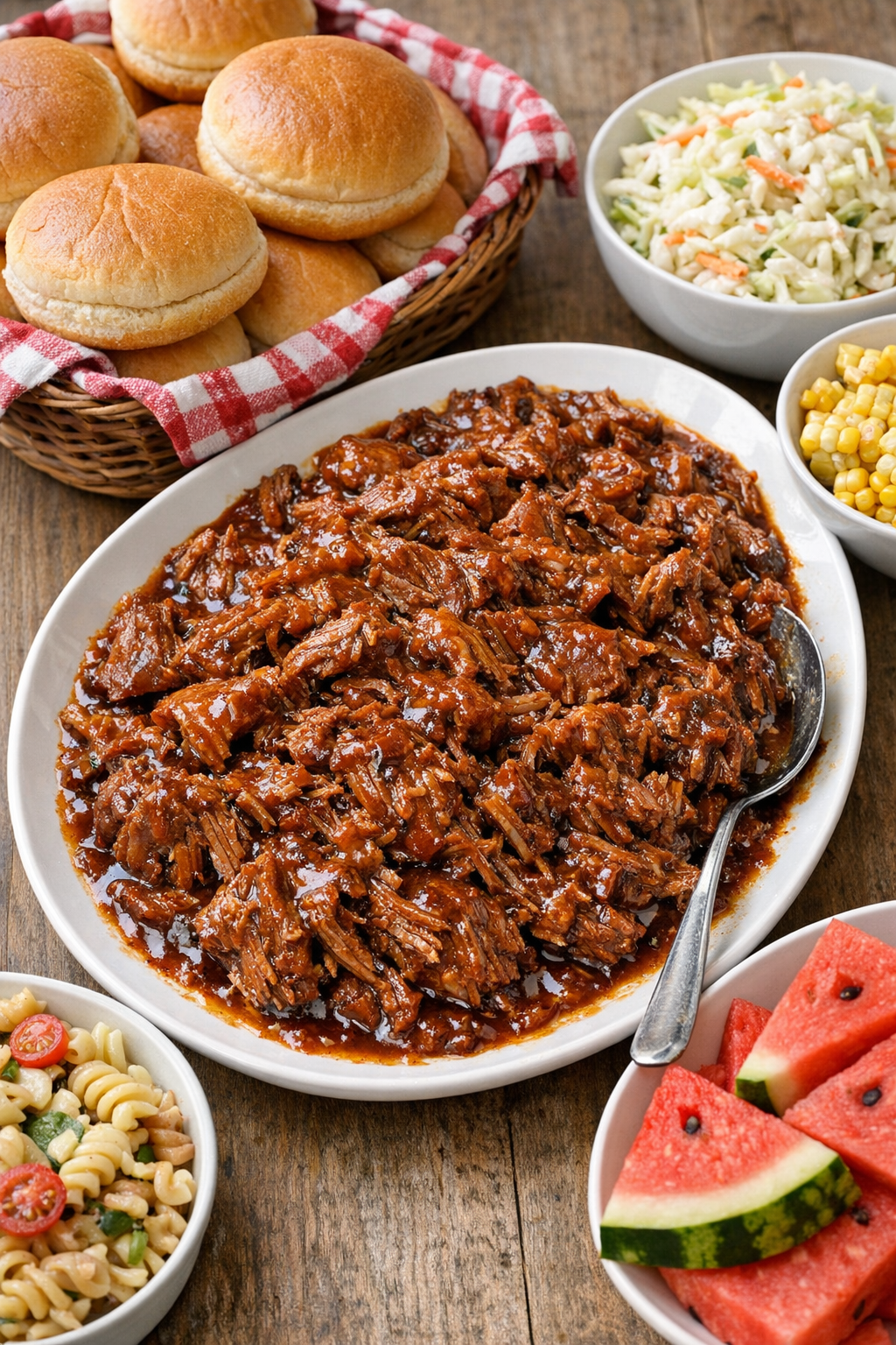 Finished slow cooker beef served for a summer meal