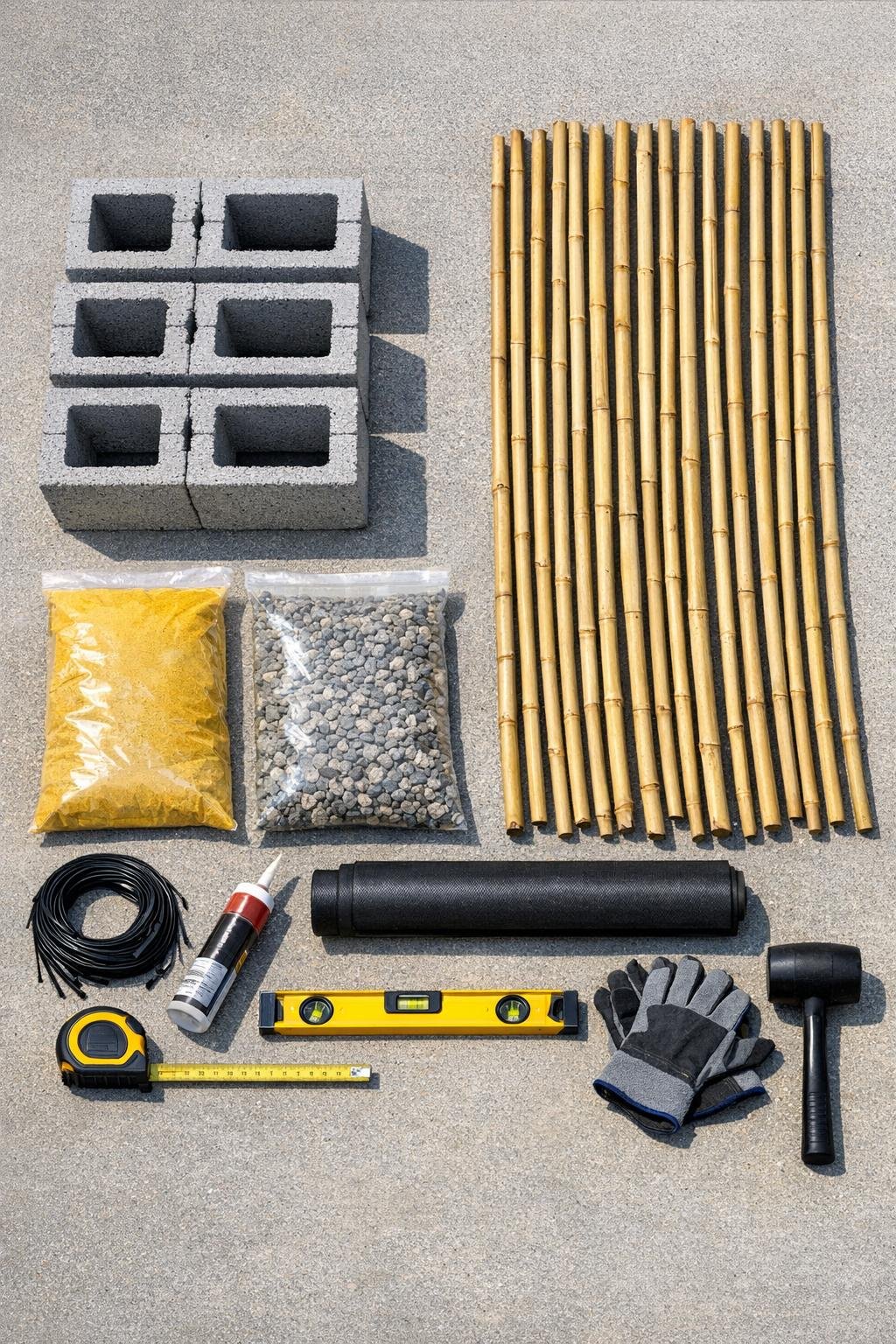 Materials for a bamboo and cinder block patio privacy screen laid out together