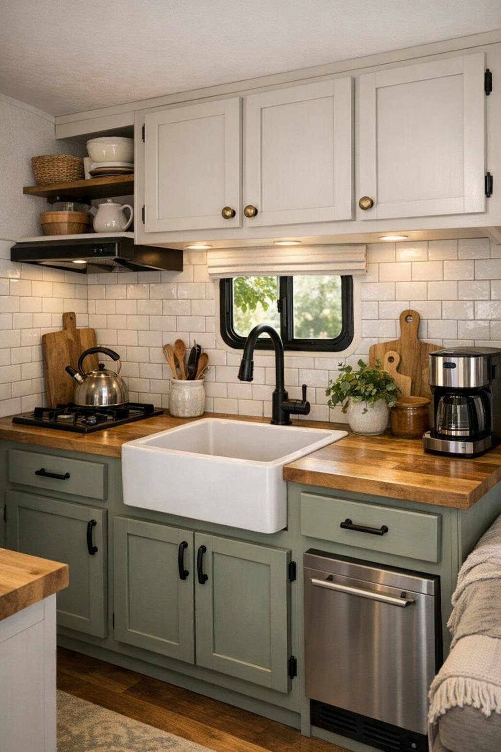 Charming RV kitchen with sage cabinetry, butcher-block counters, and white tile backsplash