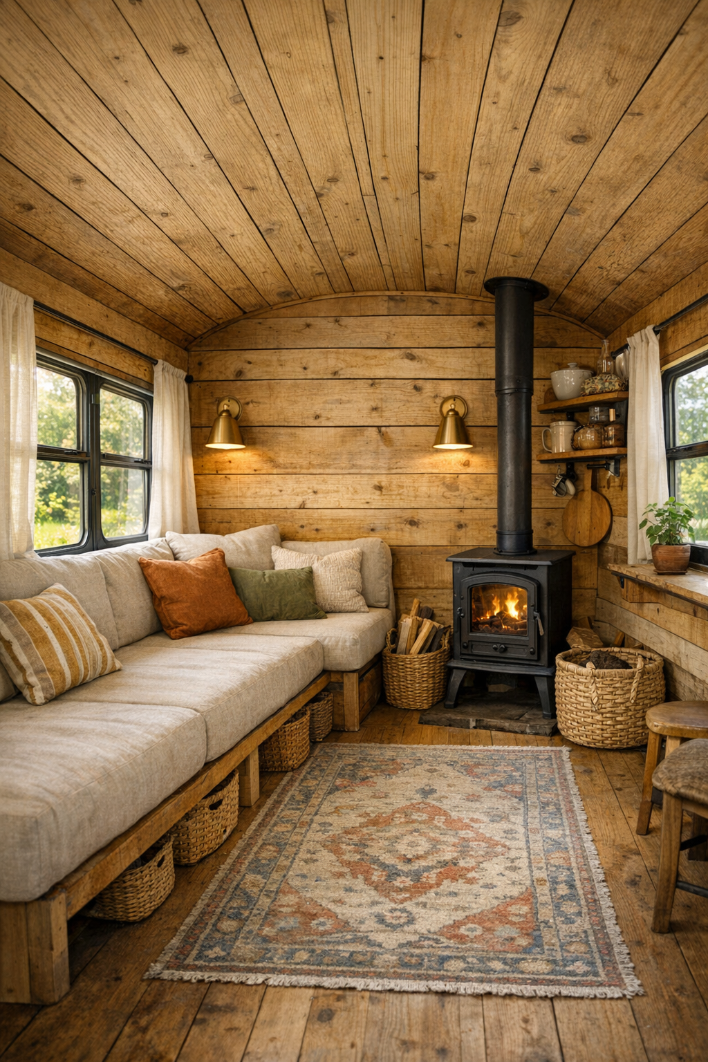 Cozy converted bus living room with built-in sofa and warm wood interior