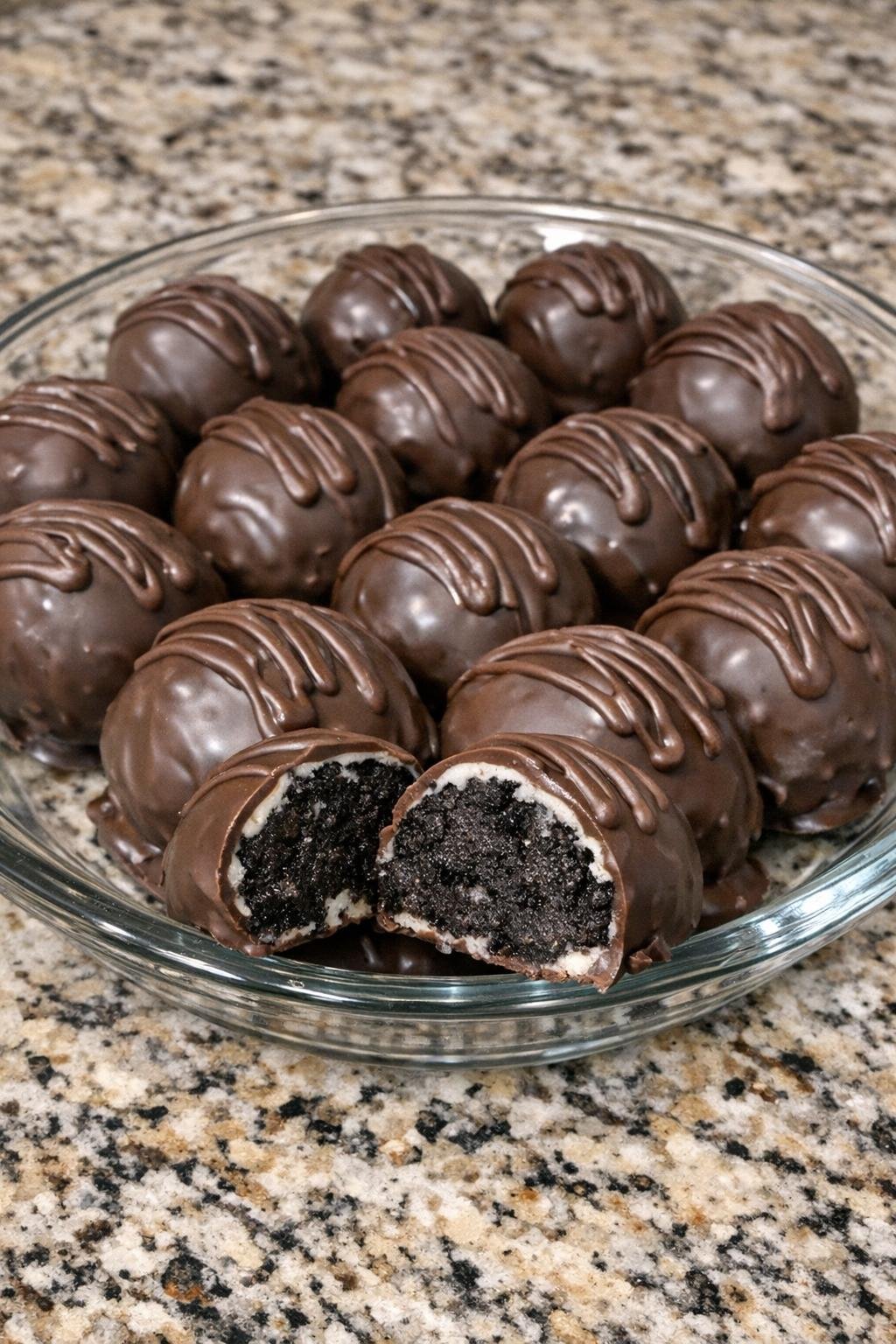 Chocolate-dipped truffles in a glass pie plate
