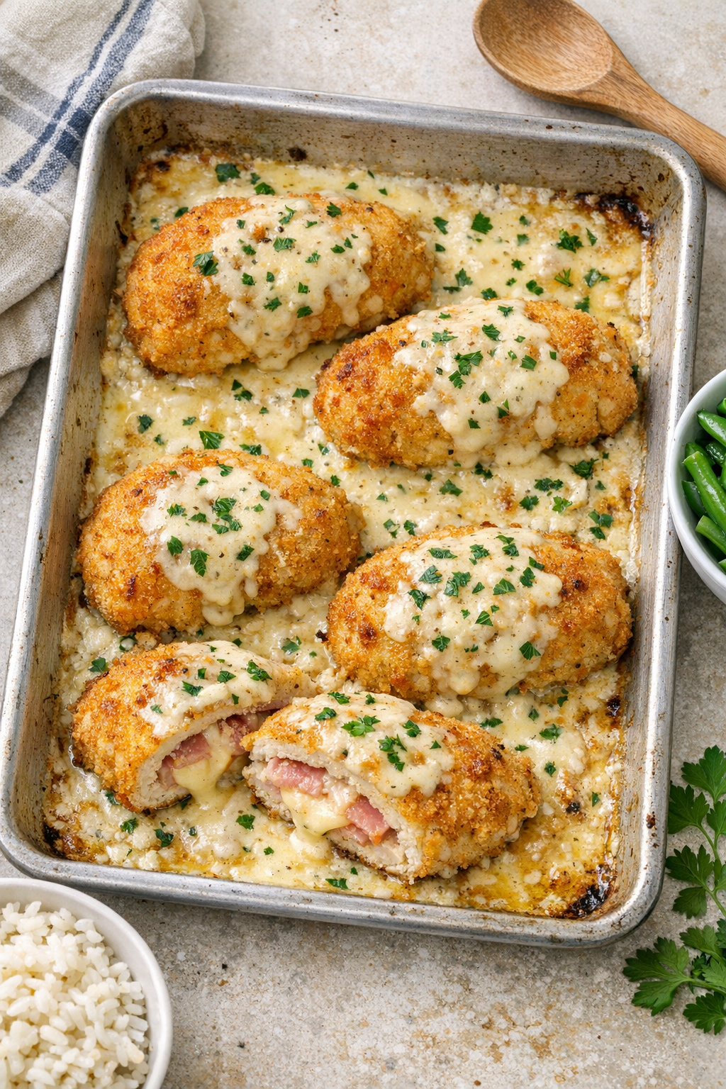 Baked chicken cordon bleu portions in a metal baking sheet with creamy sauce