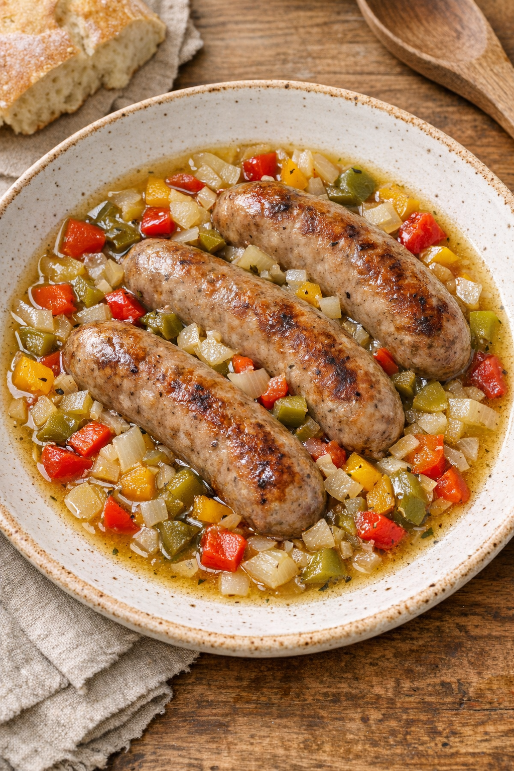 Finished slow cooker bratwursts with peppers and onions