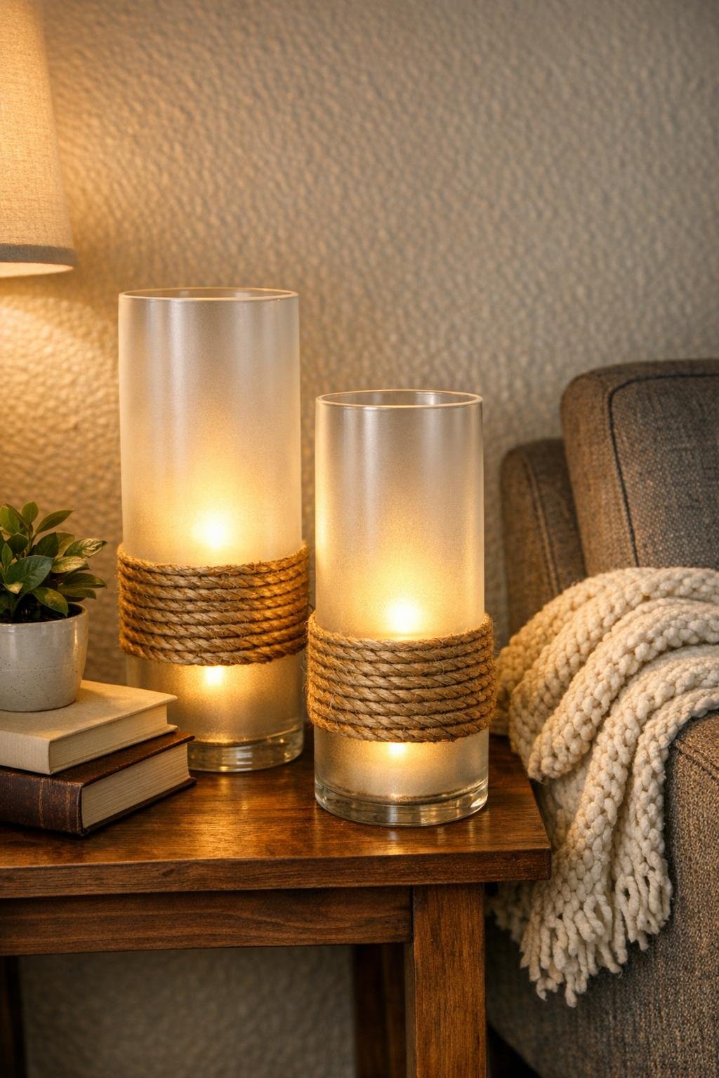 Finished cozy corner light made from frosted hurricane vases wrapped with twine