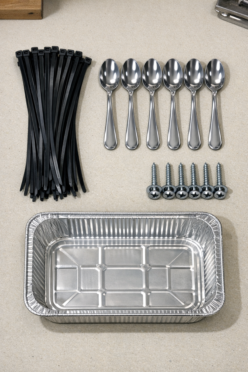 Materials for DIY heavy-duty tool hooks laid out on a work surface
