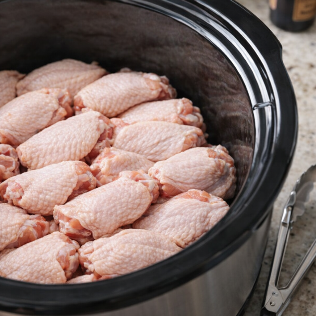 Raw chicken wingettes arranged in a slow cooker