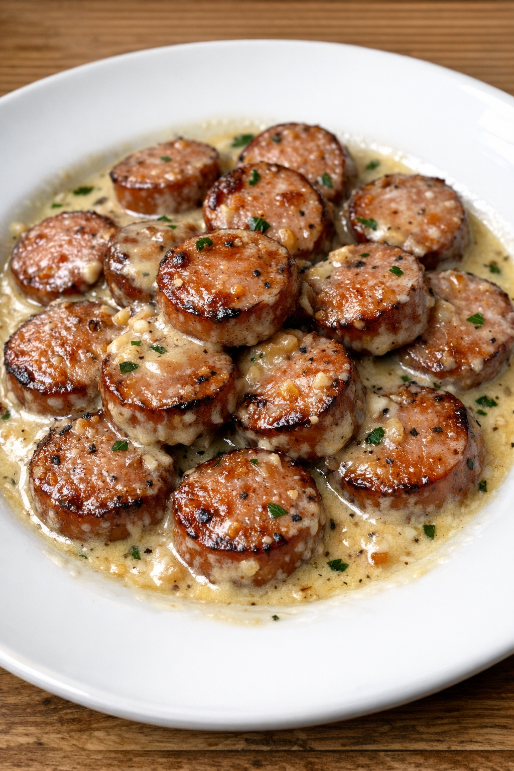 Creamy garlic butter Polish sausage plated and ready to serve