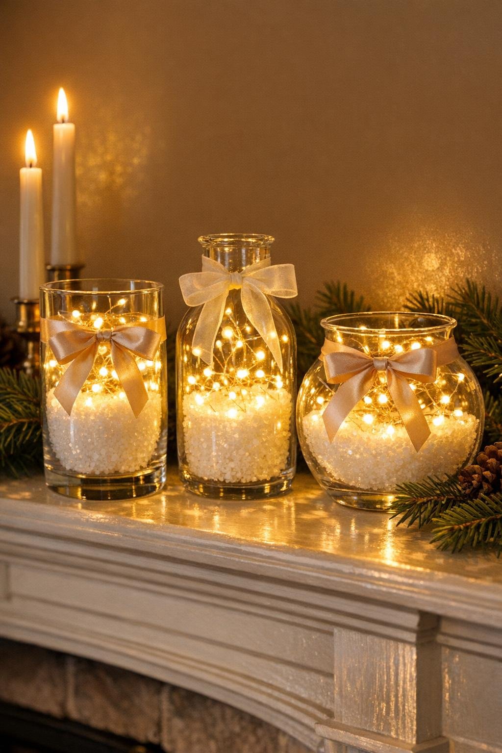 Finished snowy fairy light mantel vases glowing on a mantel
