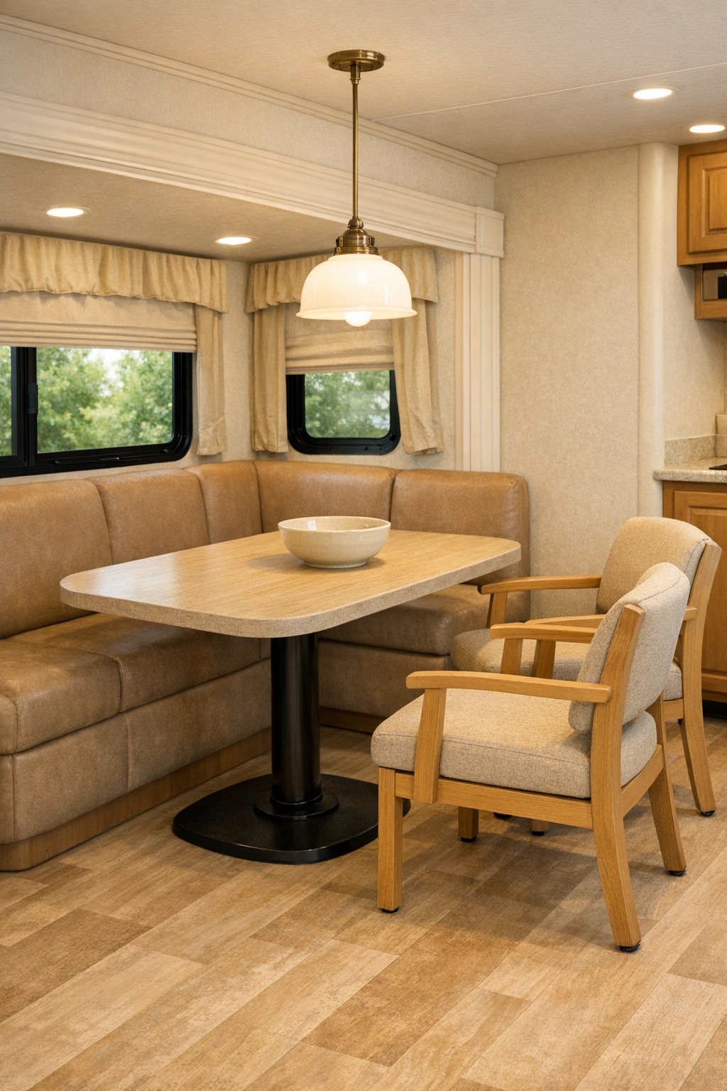 RV camper dining nook with pedestal table, upholstered banquette, and warm pendant light