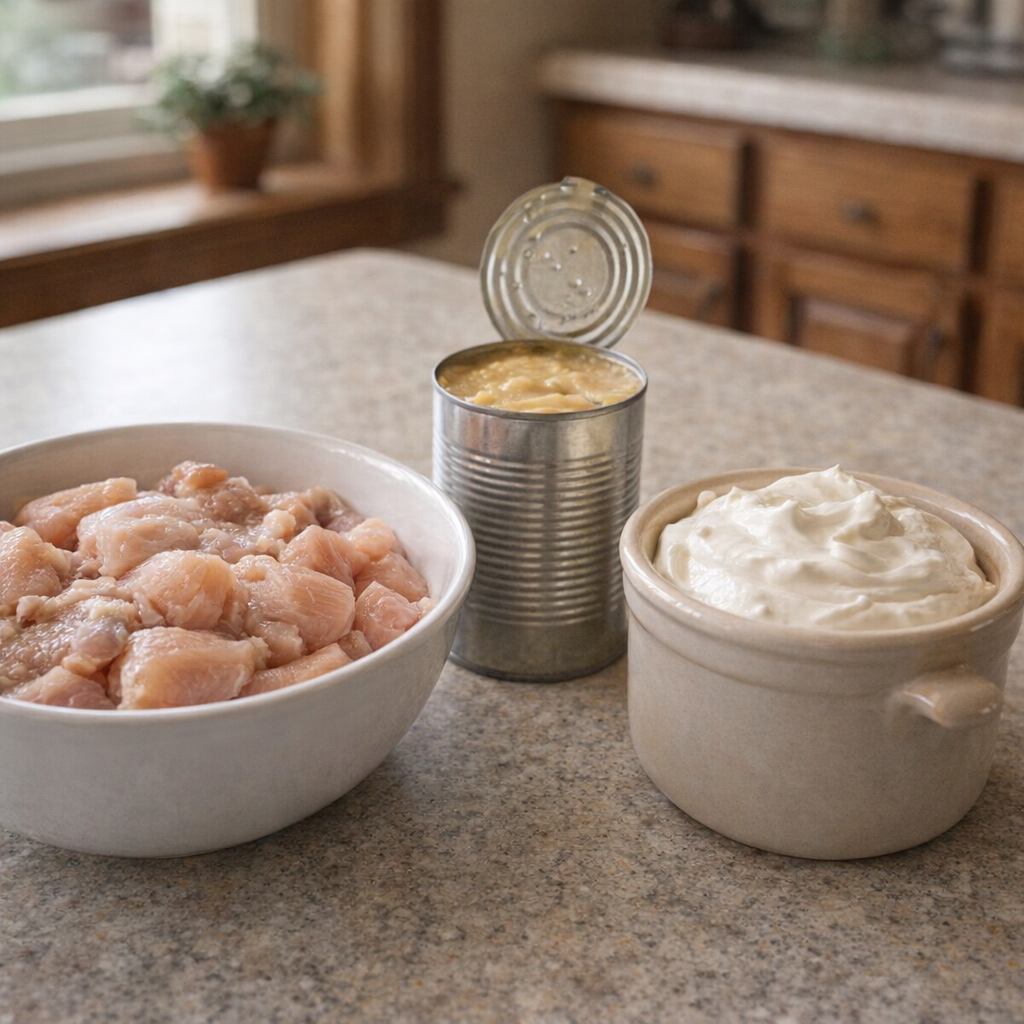 Three casserole ingredients arranged on a kitchen counter