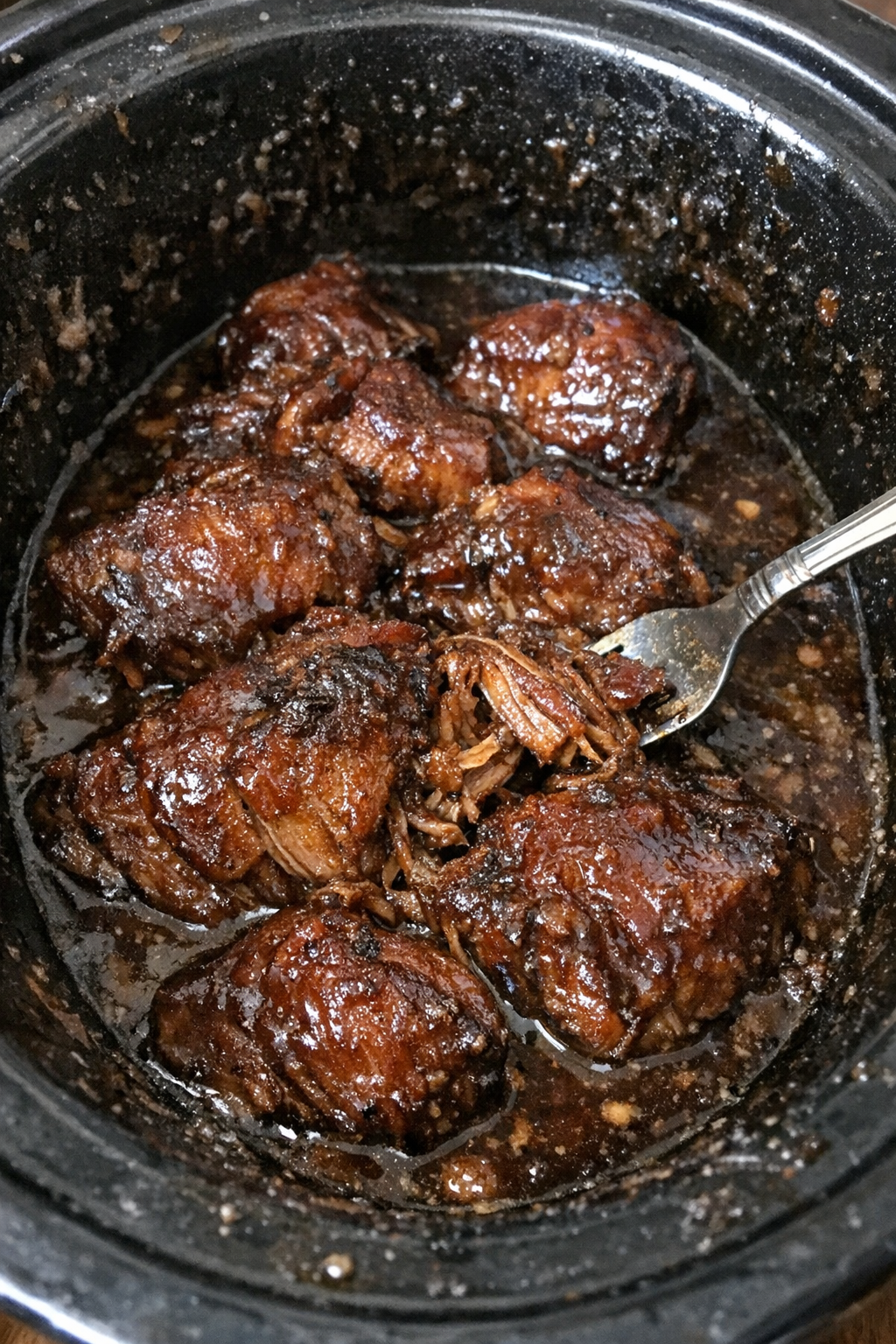 Slow cooker glazed pork cheeks in dark amber sauce