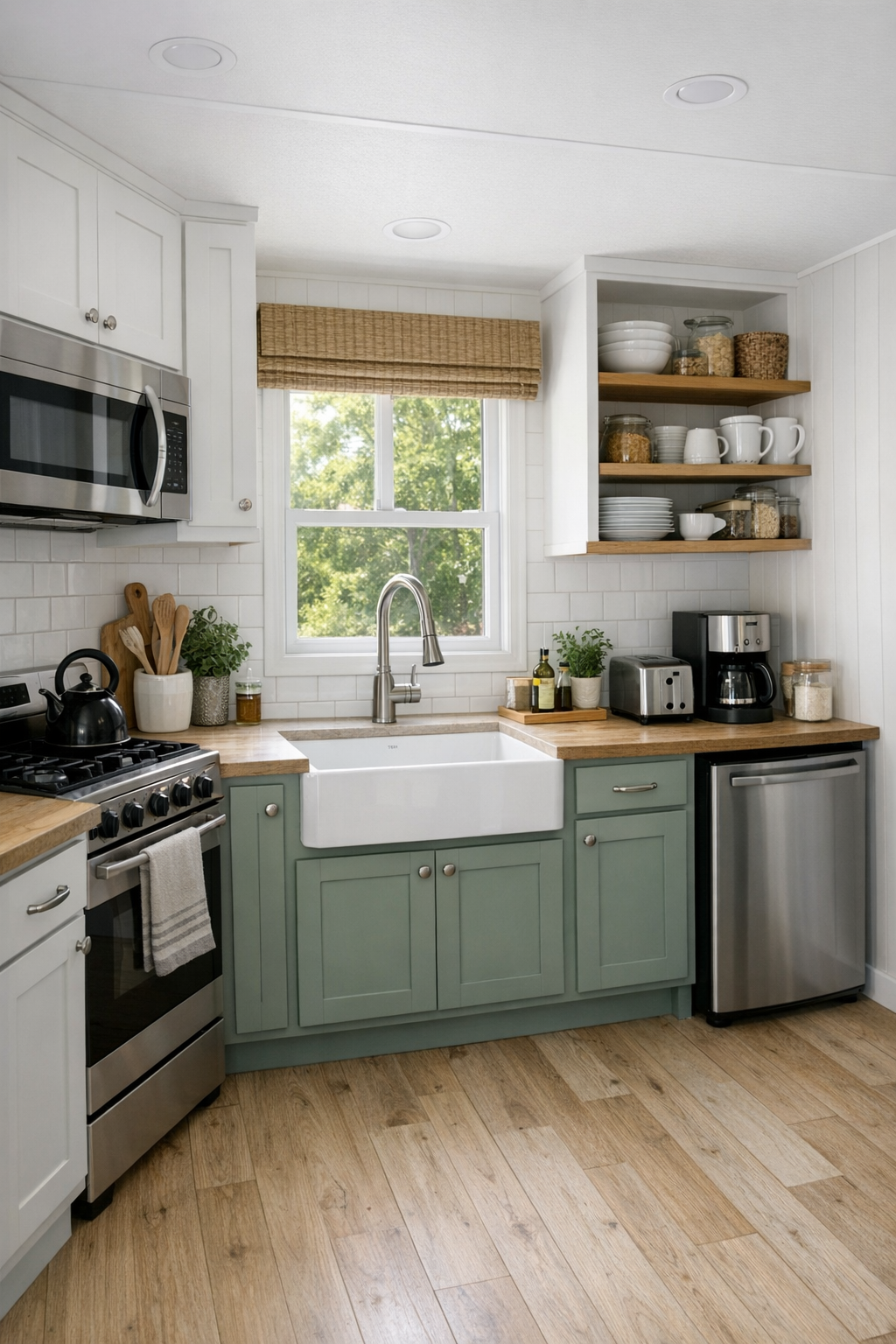 Efficient cottage kitchen with sage cabinetry and bright natural light
