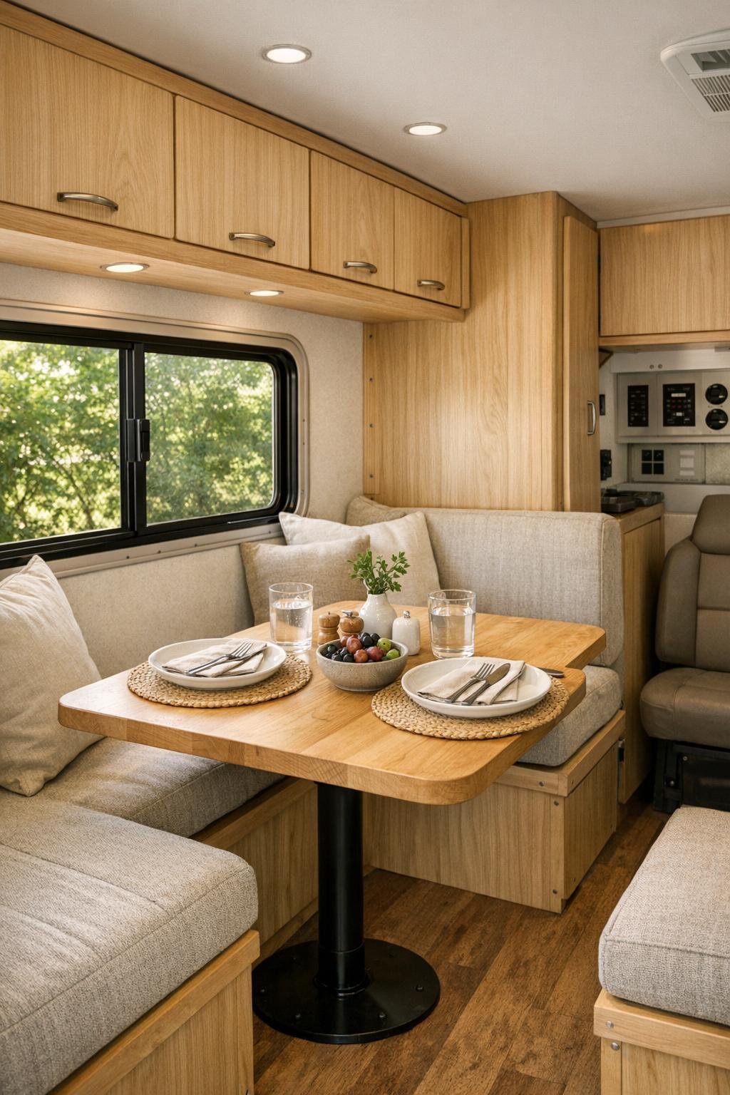 Small camper dinette by a window with wood table and cushioned seating
