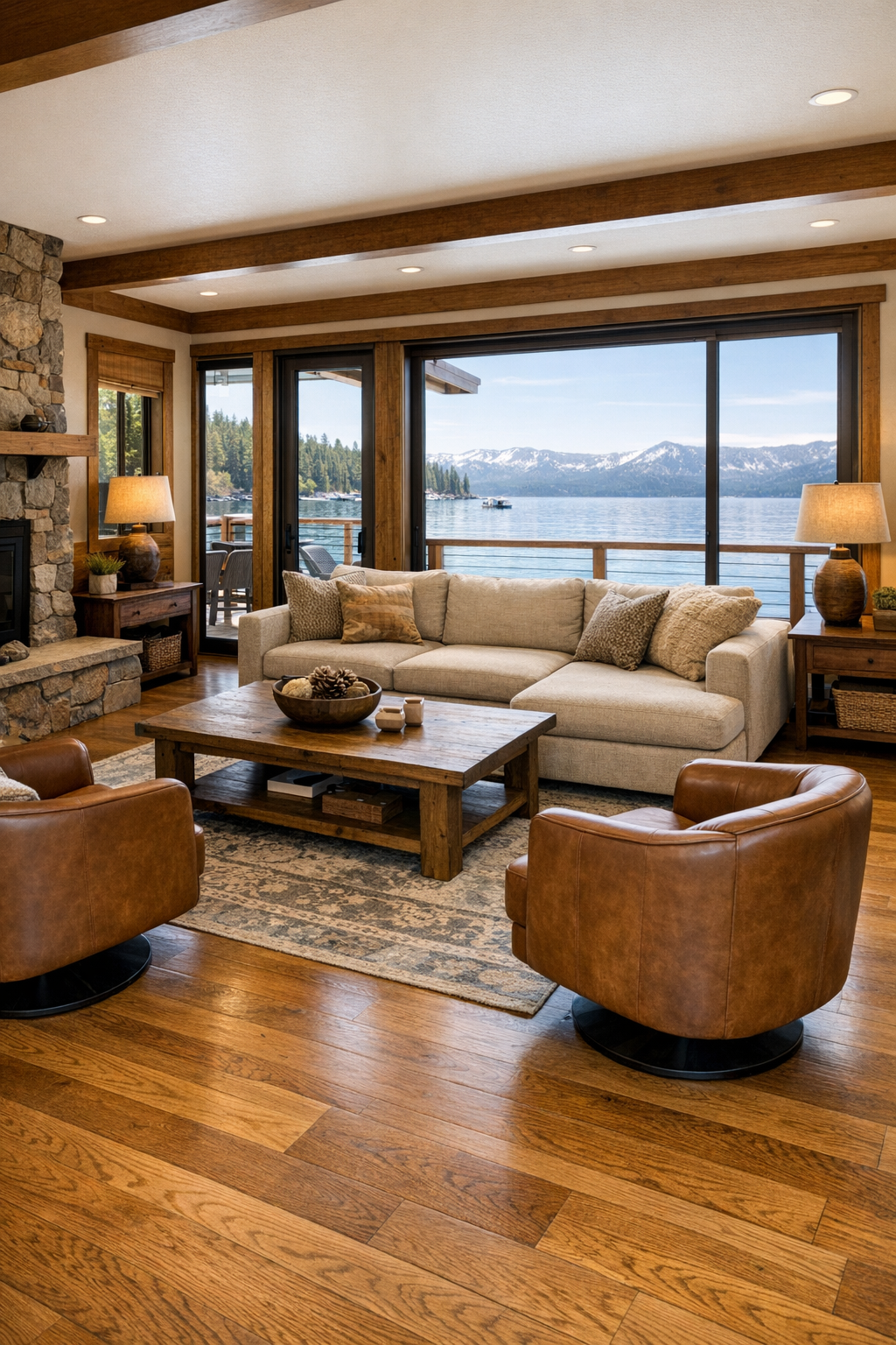 Accessible lodge-style living room on a Lake Tahoe houseboat with warm wood finishes and large water-facing windows