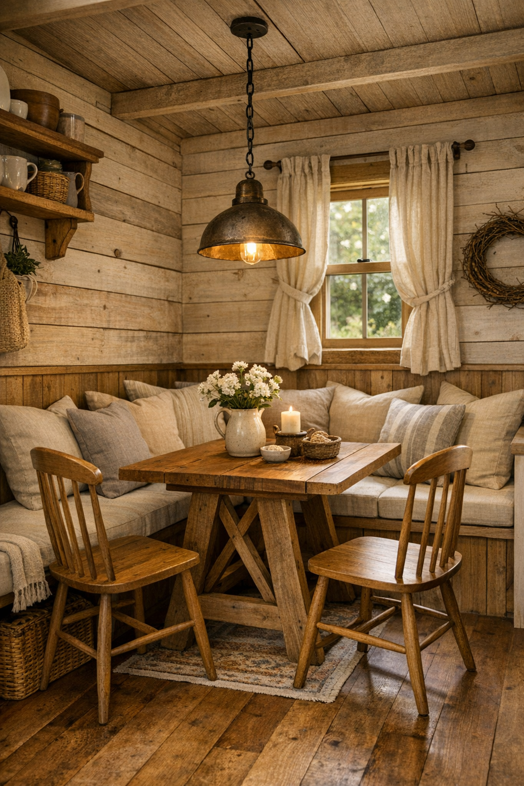 Cozy tiny home dining nook with built-in banquette and wood table