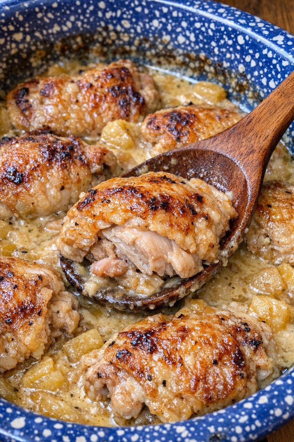 Tender chicken thighs in apple cider cream sauce in a blue speckled casserole dish