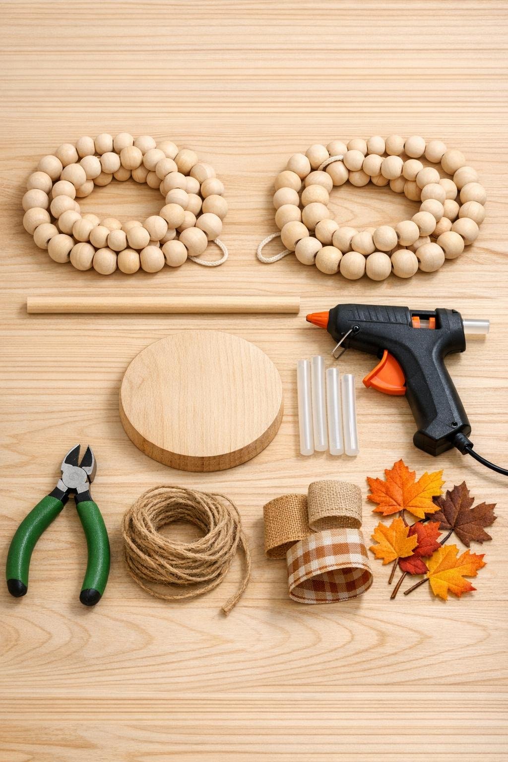 Wooden bead garlands, dowel rod, base, glue, and fall embellishments laid out for the project