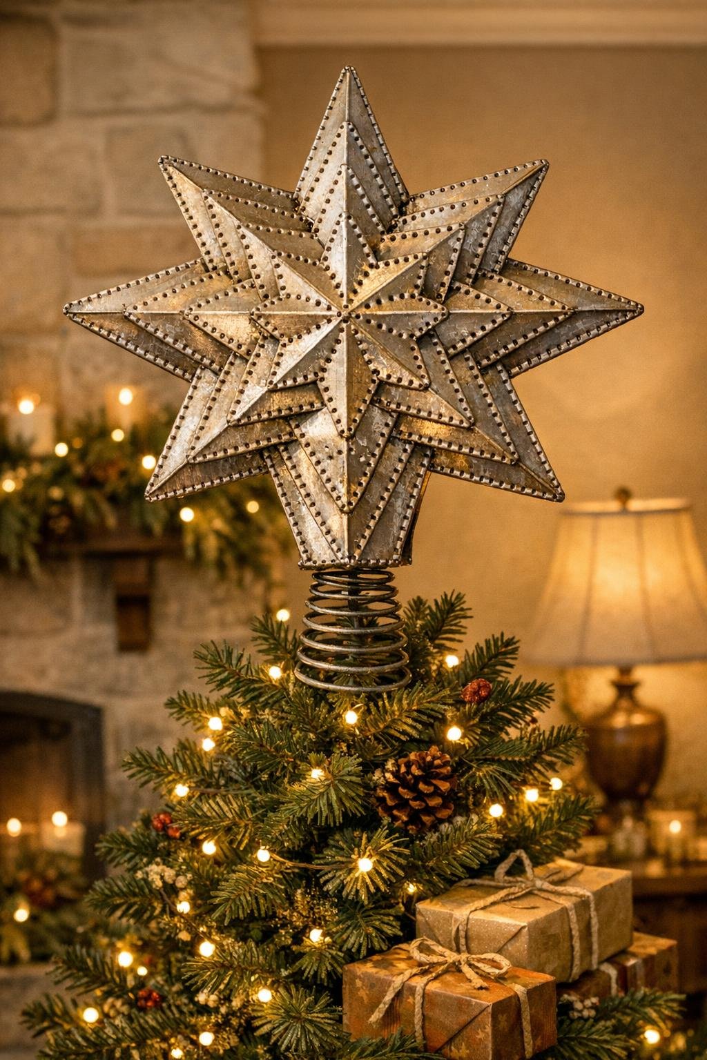 Vintage punched-tin star tree topper made from old jar lids displayed on a Christmas tree