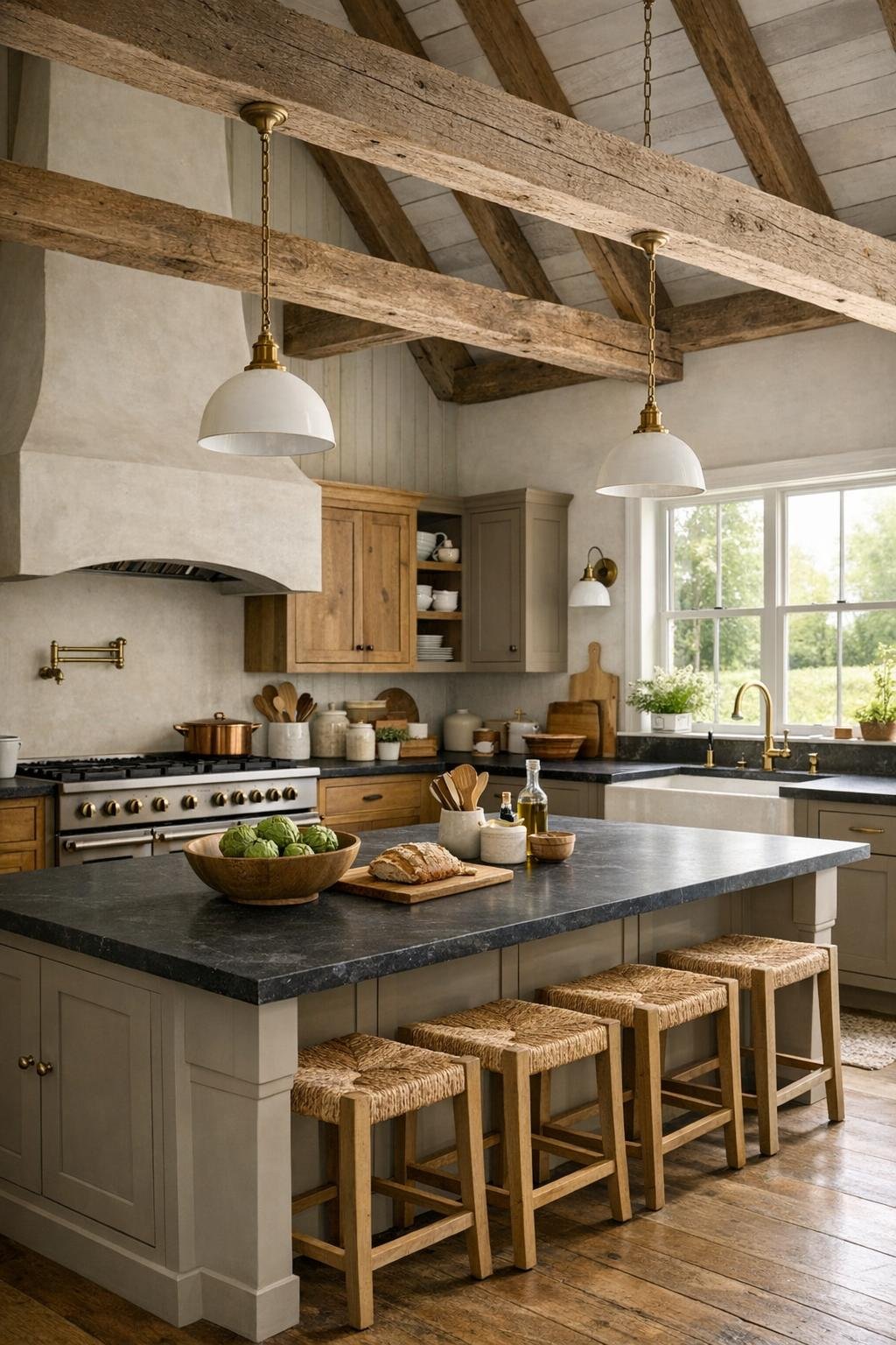 Large barn farmhouse kitchen with a central island, soapstone counters, and painted cabinetry