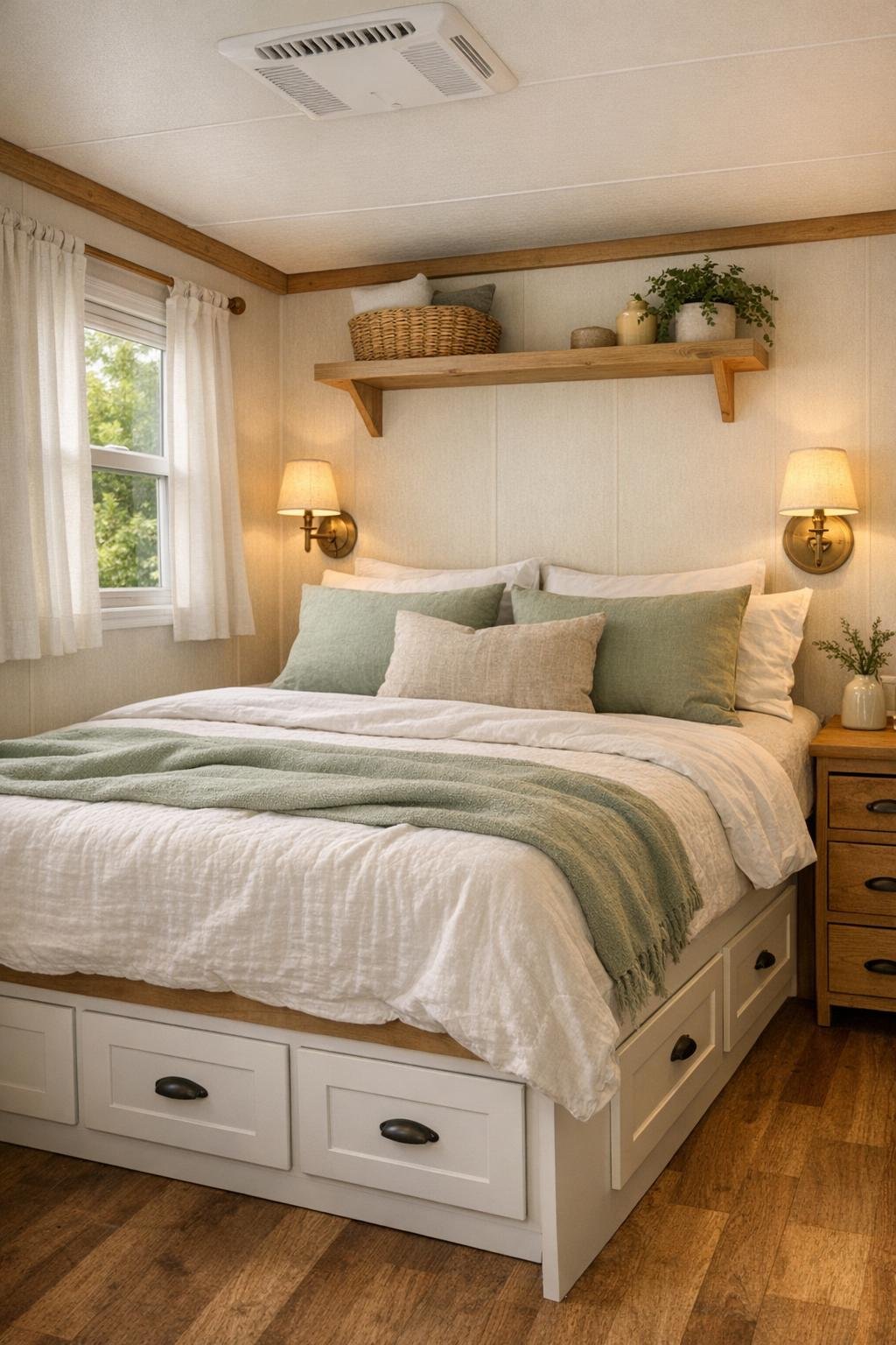 Serene small bedroom with layered linens and built-in storage in a remodeled RV