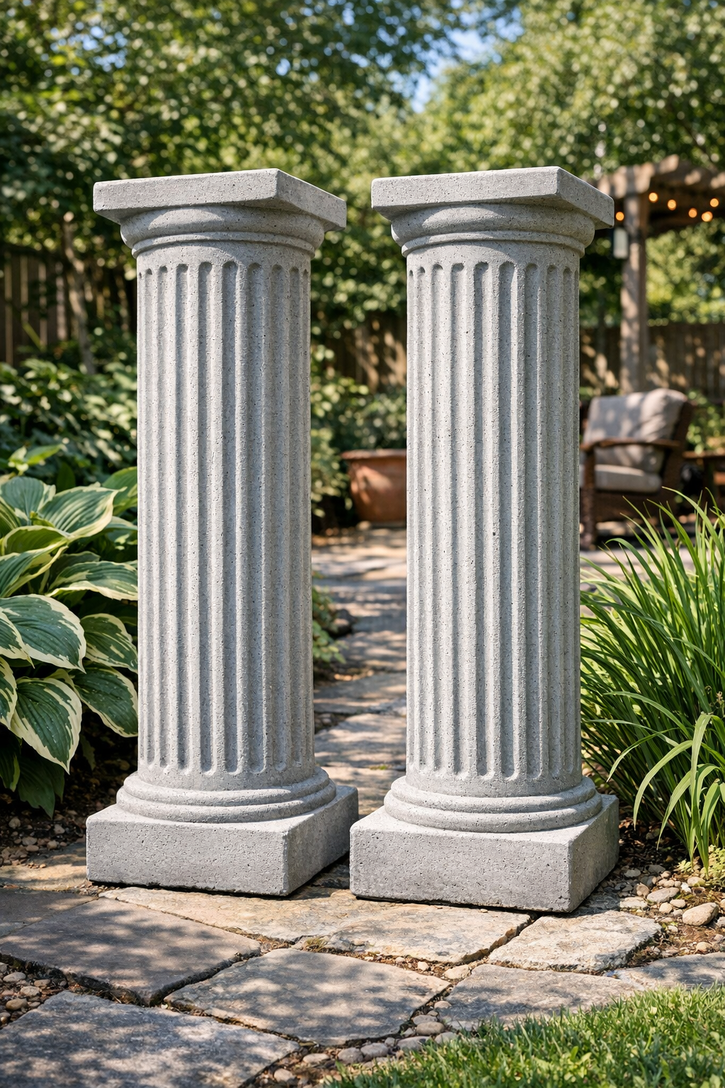 Finished pair of fluted cement garden pillars outdoors