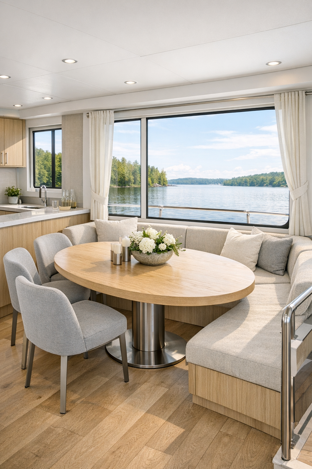 Modern lakeside dining area with an oval wood table, upholstered chairs, and a slim linear pendant