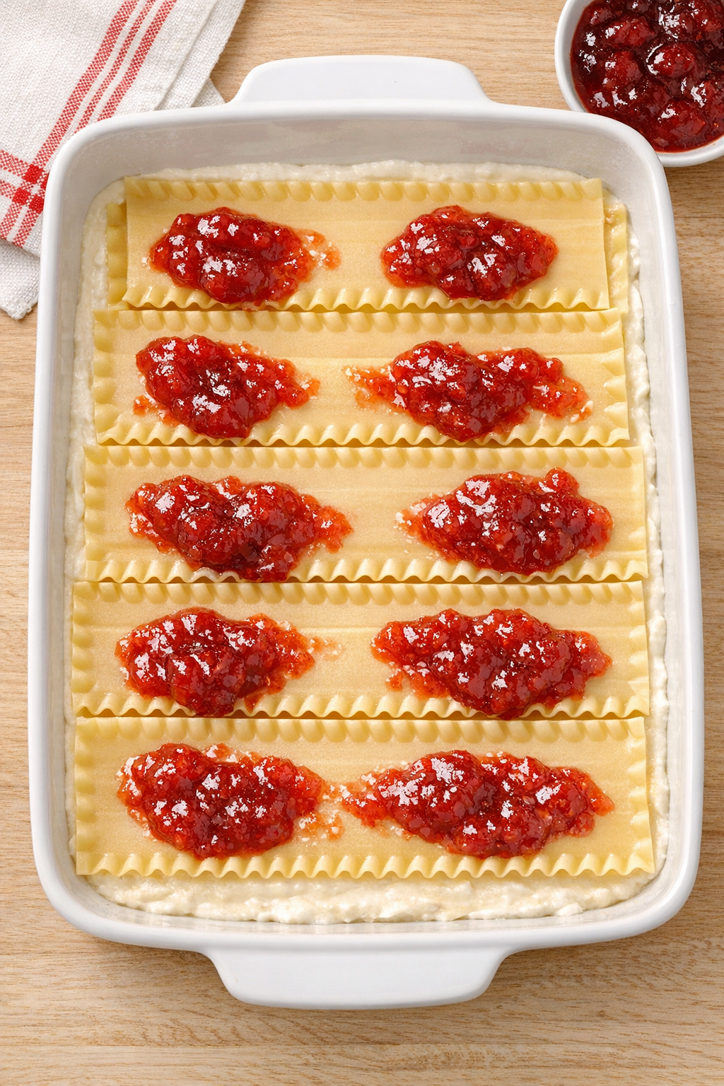 Lasagna noodles layered with cream mixture and jam