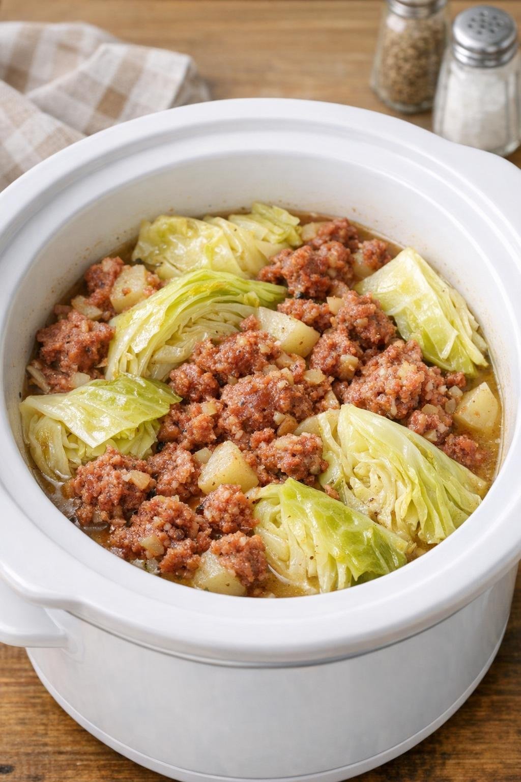 Finished corned beef hash and cabbage in a slow cooker