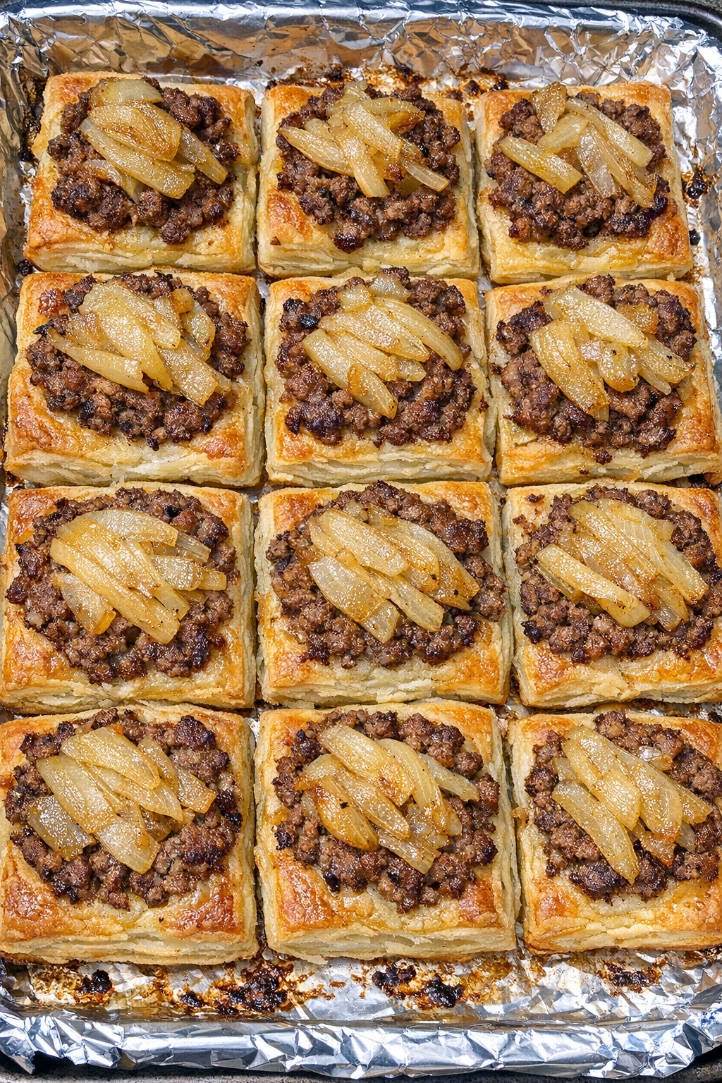 Oven baked beef upside down tarts on a baking sheet