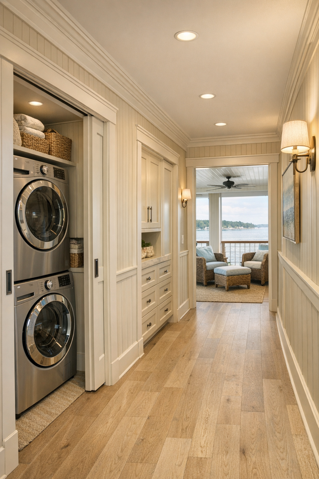 Hall and covered porch area of a coastal houseboat with built-in storage, soft lighting, and water-facing seating