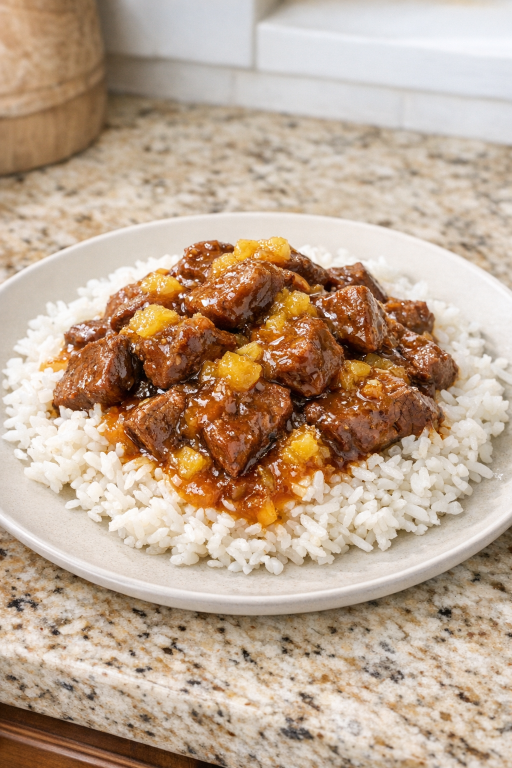 Finished sweet beef plated over rice with pineapple glaze