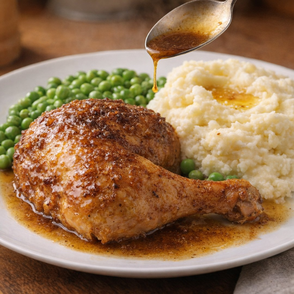 Brown sugar chicken plated with mashed potatoes and peas