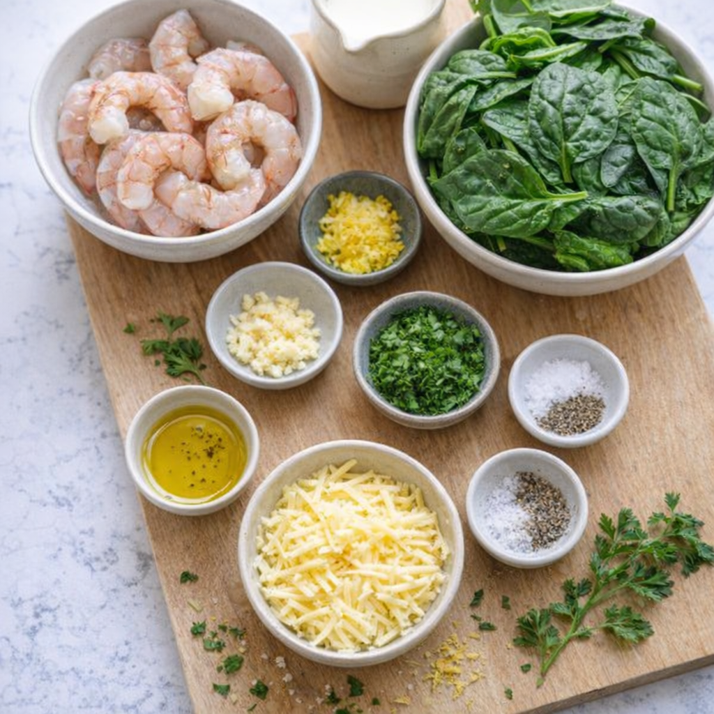 Ingredients for shrimp and spinach gratin laid out on a counter