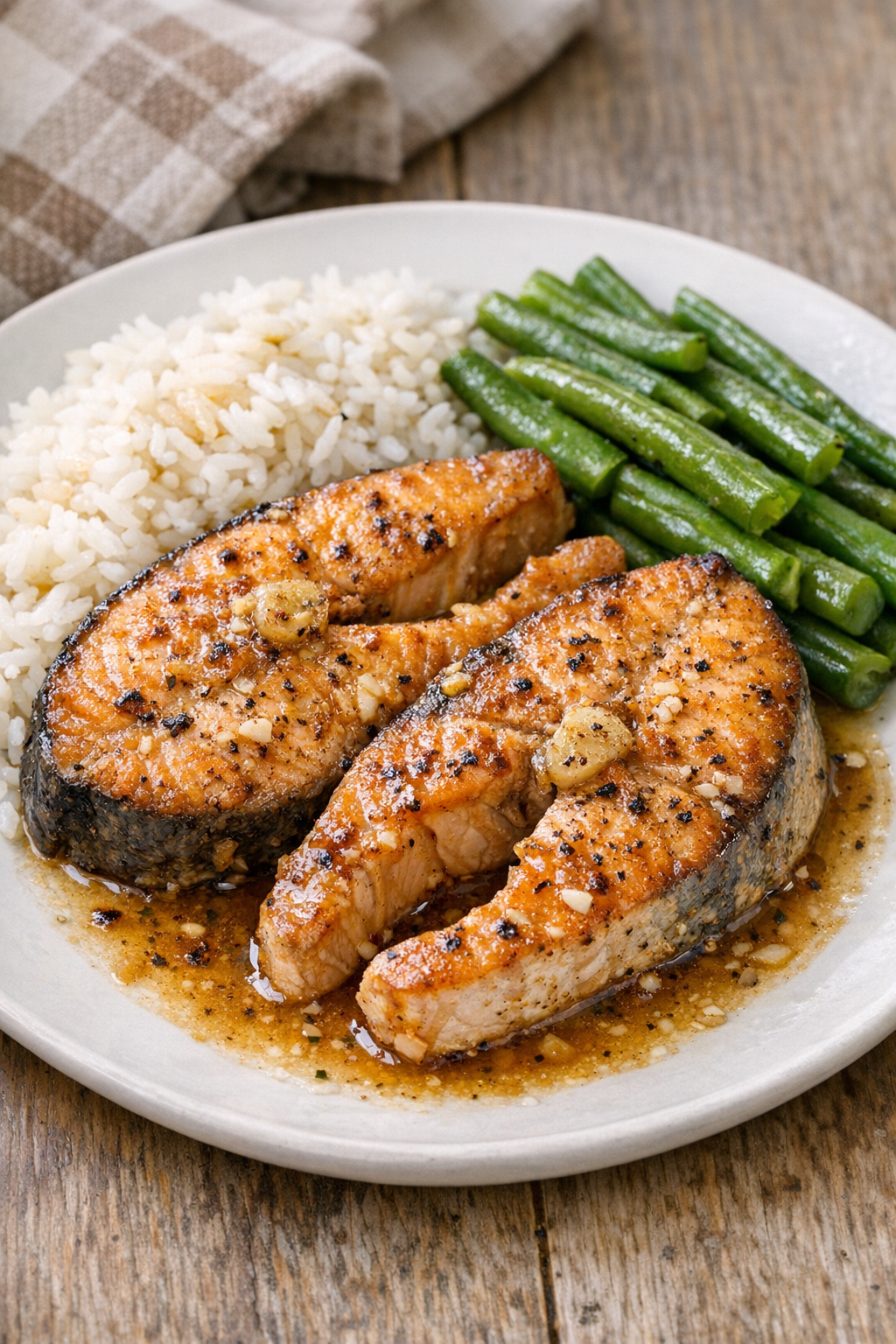 Baked Atlantic salmon steaks plated for dinner